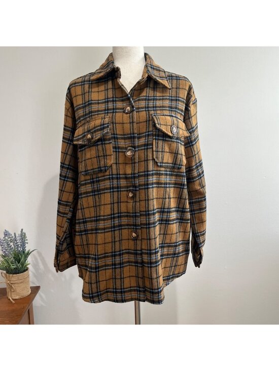 Veveret Jackets & Blazers - Veveret Flannel Plaid Shacket Womens S Brown/Blue Oversized Pockets